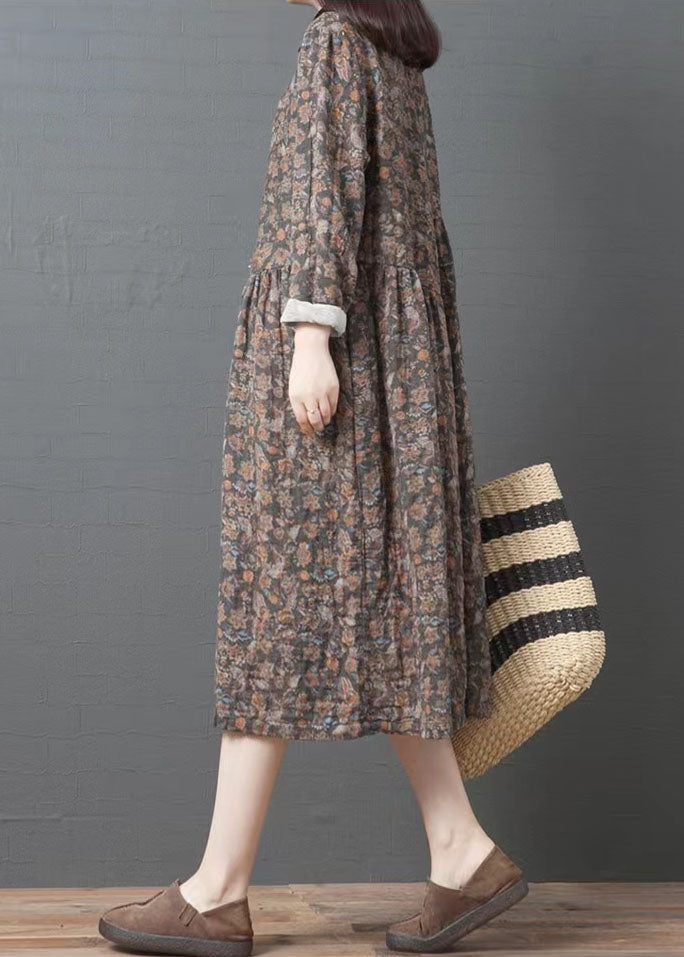Organic lapel pockets cotton clothes Women Chocolate print Art Dresses spring