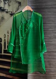 Organza Green O-Neck Embroidered Floral Low High Design Silk Mid Dress Long Sleeve