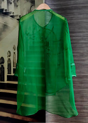 Organza Green O-Neck Embroidered Floral Low High Design Silk Mid Dress Long Sleeve