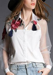 Organza White Peter Pan Collar Embroidered Floral Tulle Patchwork Cotton Shirts Long sleeve