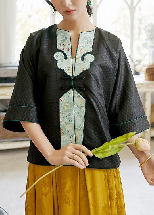 Oriental Black O-Neck Embroidered Patchwork Silk Coats Spring