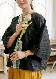 Oriental Black O-Neck Embroidered Patchwork Silk Coats Spring