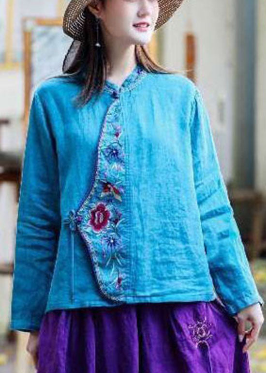 Oriental Blue O-Neck tie waist Embroidered Linen tops Spring