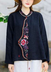 Oriental Blue O-Neck tie waist Embroidered Linen tops Spring