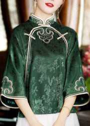 Oriental Green Stand Collar button silk Tops Three Quarter sleeve