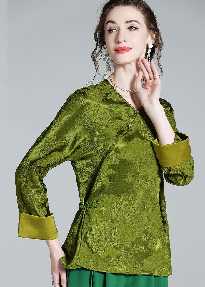 Oriental Green V Neck Jacquard Patchwork Silk Shirt Tops Spring