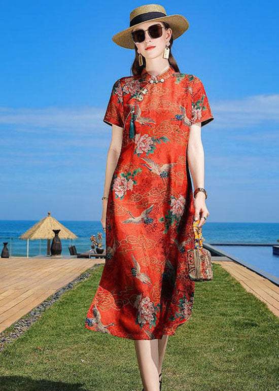 Oriental Orange Stand Collar Tasseled Print Silk Dresses Summer