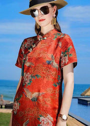 Oriental Orange Stand Collar Tasseled Print Silk Dresses Summer