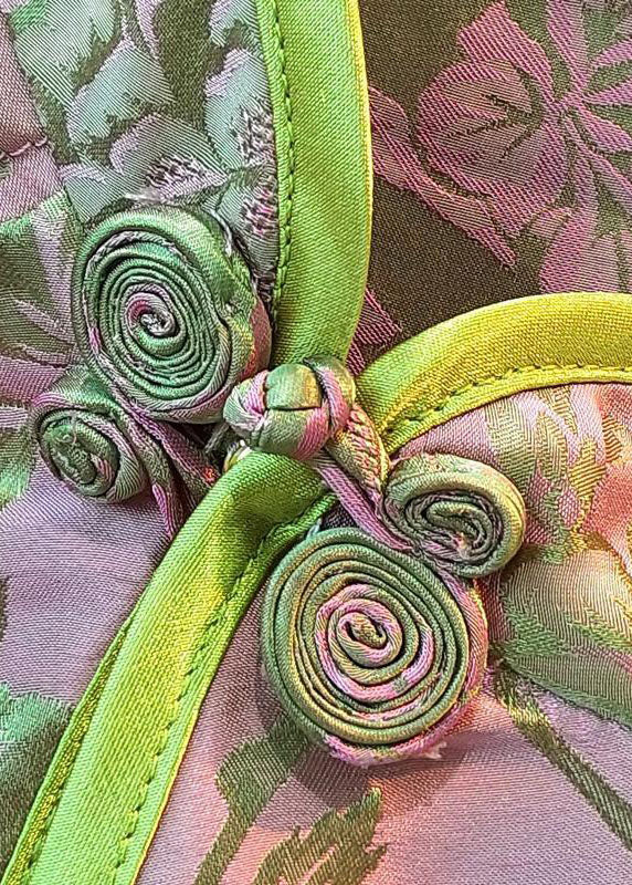 Oriental Pink Stand Collar button Asymmetrical print silk tops Spring