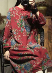 Orientalisches rotes Leinenkleid mit O-Ausschnitt und Print Frühling