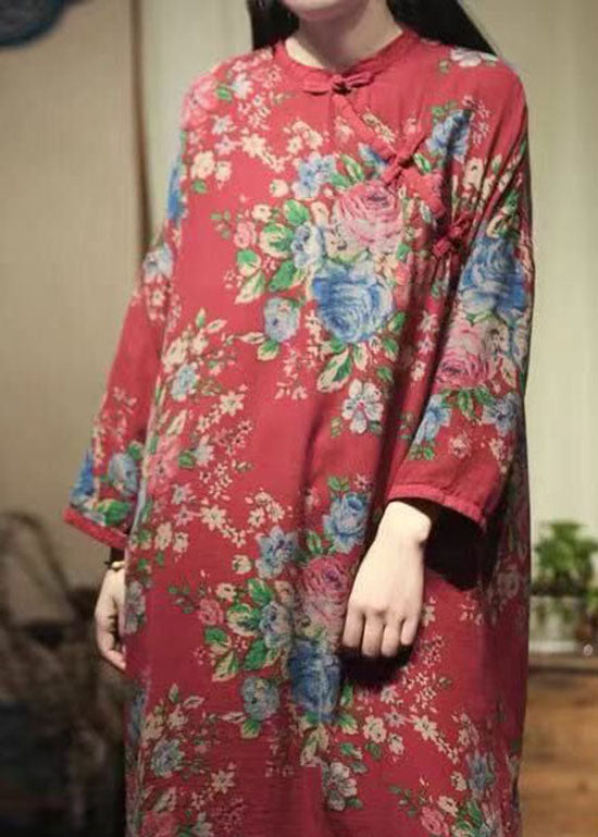 Oriental Red O-Neck Print Linen Mid Dresses Spring