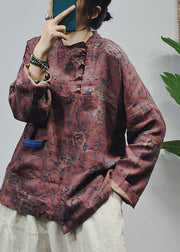 Oriental Red Stand Collar Asymmetrical Patchwork Linen Blouses Long Sleeve