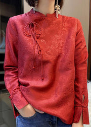 Orientalisches rotes Stehkragen-Schnür-Jacquard-Seidenhemd mit langen Ärmeln