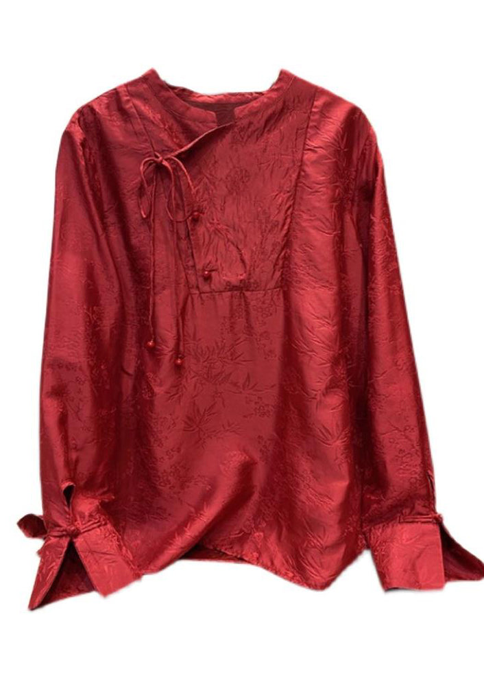Orientalisches rotes Stehkragen-Schnür-Jacquard-Seidenhemd mit langen Ärmeln