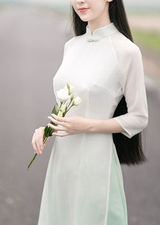 Oriental White Gradient Print Side Open Chiffon Dress Spring