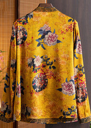 Orientalisches gelbes Stehkragen-Knopf-Seidenhemd mit langen Ärmeln