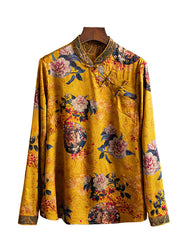 Orientalisches gelbes Stehkragen-Knopf-Seidenhemd mit langen Ärmeln
