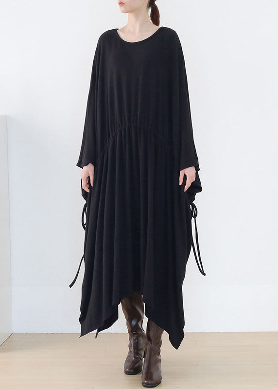 Original schwarzes, bauschiges, asymmetrisches langes Kleid aus Baumwolle mit Fledermausärmeln