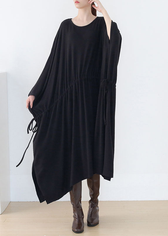 Original schwarzes, bauschiges, asymmetrisches langes Kleid aus Baumwolle mit Fledermausärmeln