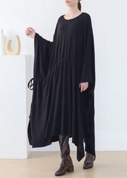 Original Black Drawstring Baggy Asymmetrical Cotton Long Dress Batwing Sleeve