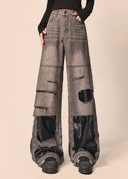 Original Black Gray Distressed Patchwork Denim Straight Pants Autumn