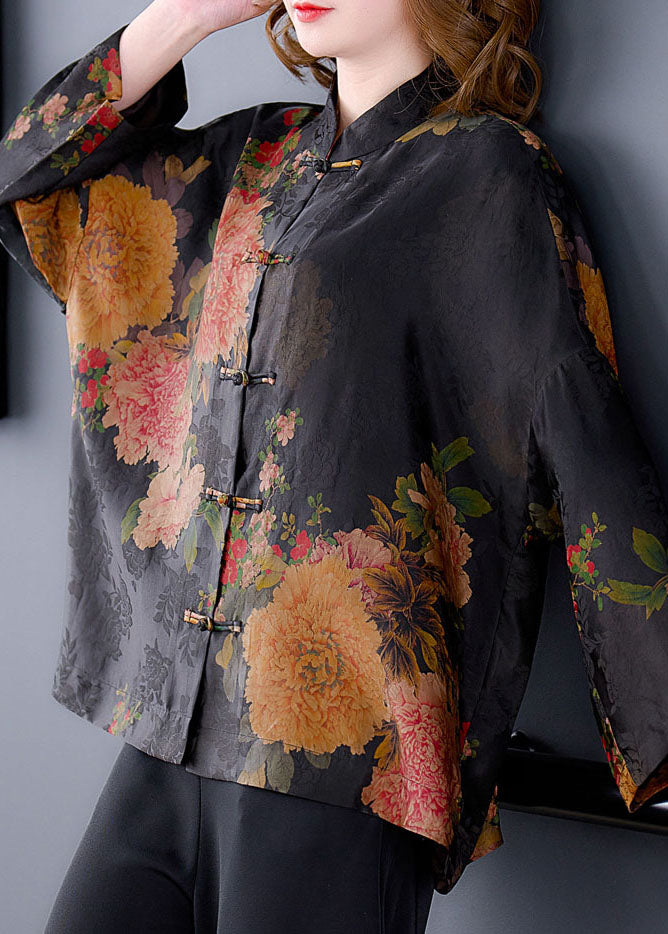 Original Black Mandarin Collar Button Floral Print Silk Coats Long Sleeve