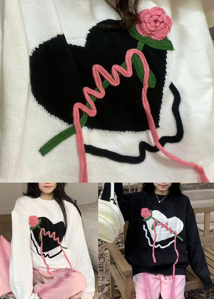 Original Black O Neck Heart Floral Knit Knitted Sweaters Fall