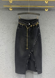 Original Black Tasseled Asymmetrical Patchwork Denim Skirts Fall