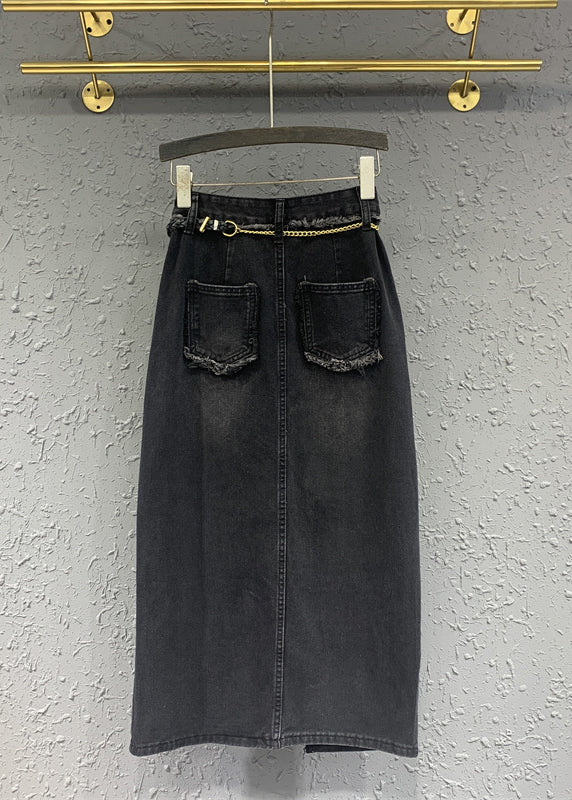 Original Black Tasseled Asymmetrical Patchwork Denim Skirts Fall