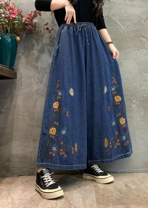 Original Blue Embroidery Patchwork Elastic Waist Denim Wide Leg Pants Autumn