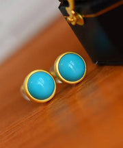 Original Blue Sterling Silver Overgild Turquoise Round Stud Earrings