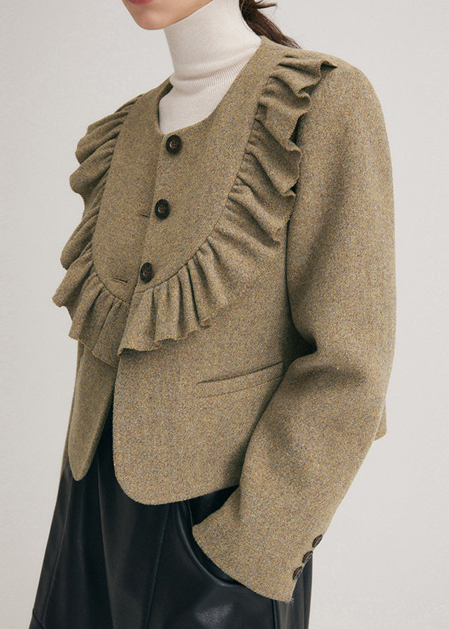 Original Brown O Neck Ruffled Fine Cotton Filled Woolen Jacket Winter