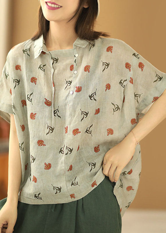Original Design Beige Grey Peter Pan Collar Print Linen Shirt Short Sleeve