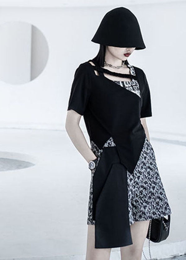 Original Design Black Asymmetrical Design Side Open Patchwork Cotton Top Short Sleeve