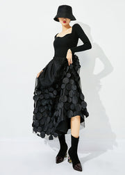 Original Design Black-Blue Dot Elastic Waist Patchwork Wrinkled Tulle Skirt Summer