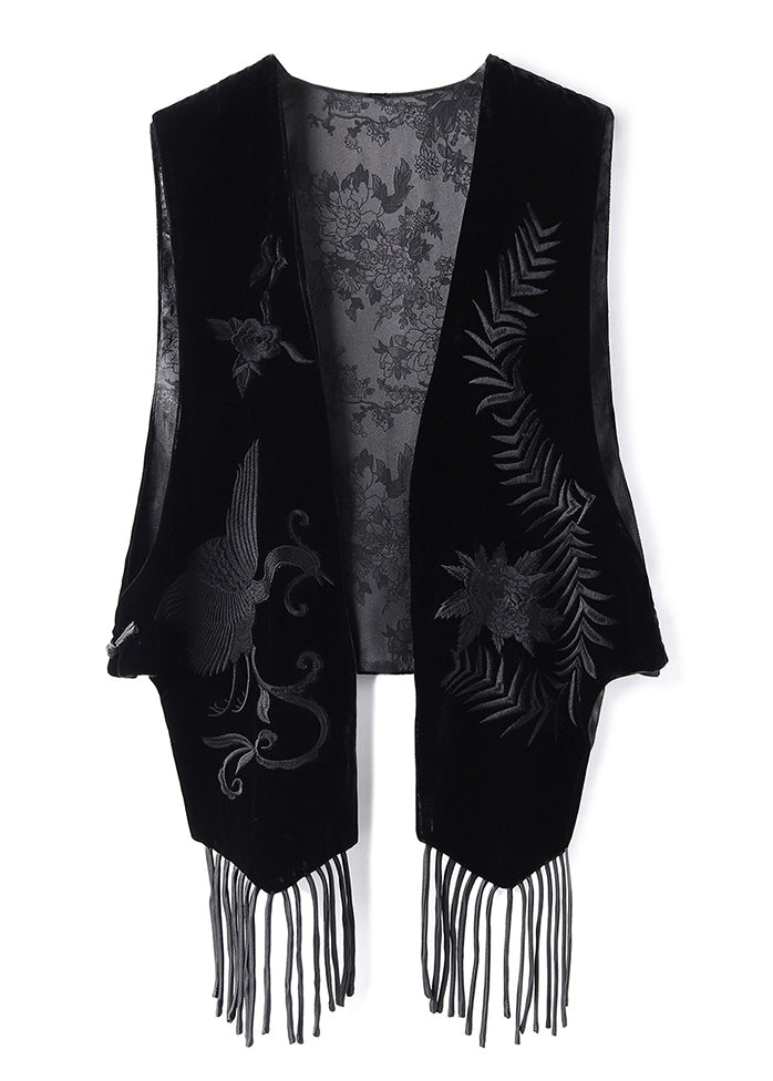 Original Design Black Embroidered Tasseled Silk Velour Vest Sleeveless