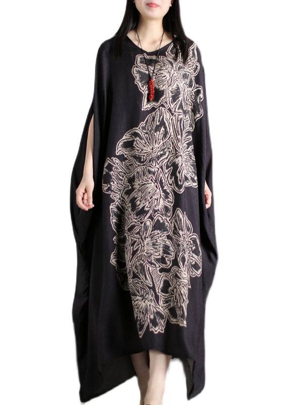 Original Design Black O-Neck Print Silk Maxi Dress Batwing Sleeve