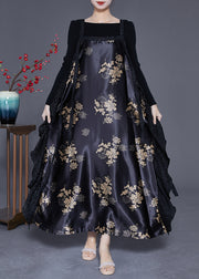 Original Design Black Oversized Patchwork Exra Large Hem Silk Dress Spring