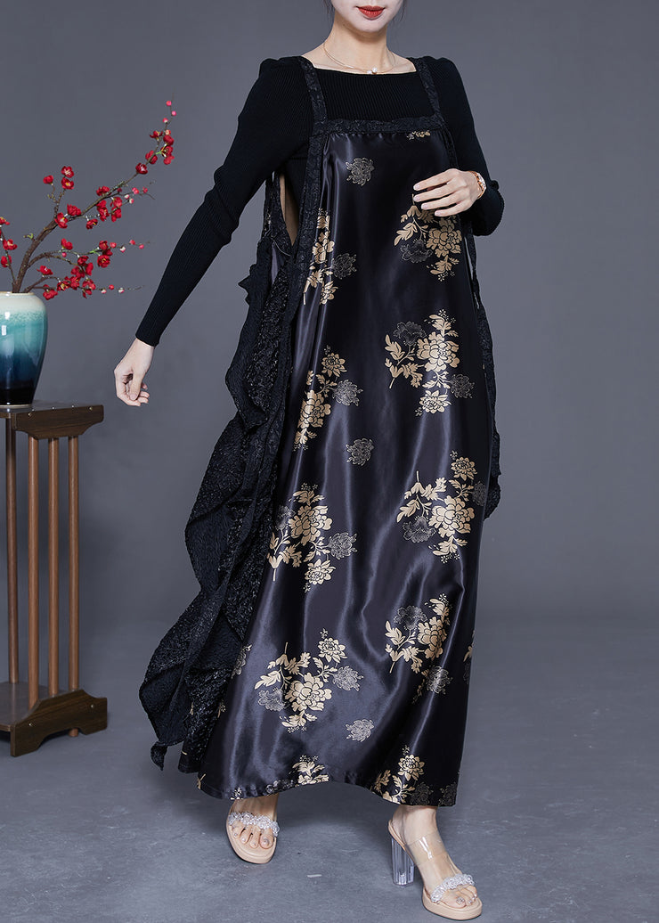 Original Design Black Oversized Patchwork Exra Large Hem Silk Dress Spring
