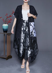 Original Design Black Oversized Ruffles Patchwork Jacquard Silk Two Pieces Set Summer