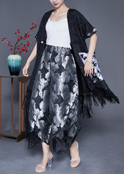 Original Design Black Oversized Ruffles Patchwork Jacquard Silk Two Pieces Set Summer