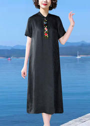 Original Design Black Peter Pan Collar Embroidered Silk Dress Summer