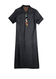Original Design Black Peter Pan Collar Embroidered Silk Dress Summer