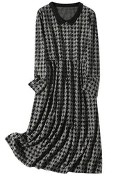 Original Design Black Peter Pan Collar Plaid Knit Sweater Dress Long Sleeve