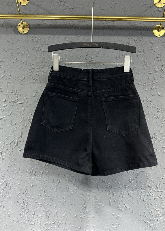 Original Design Black Zip Up Pockets Patchwork Denim Shorts Summer