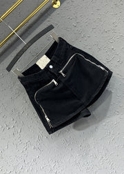 Original Design Black Zip Up Pockets Patchwork Denim Shorts Summer