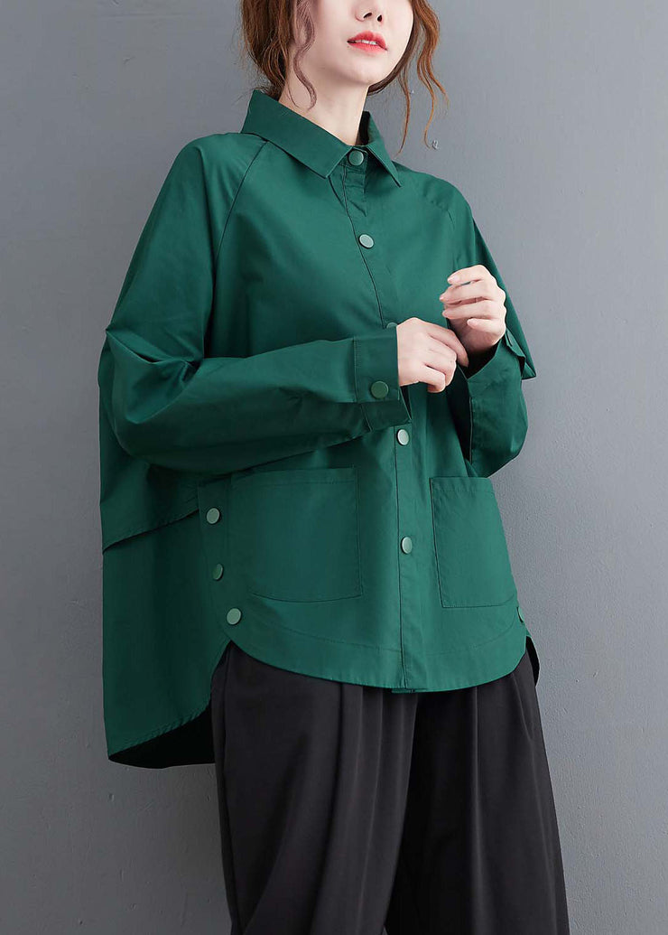 Original Design Blackish Green Oversized Patchwork Cotton Shirt Top Spring