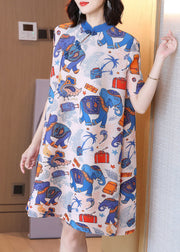 Original Design Blau Animal Print Stehkragen Orientalische Knöpfe Seide A-Linie Kleid mit kurzen Ärmeln