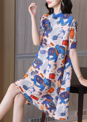 Original Design Blau Animal Print Stehkragen Orientalische Knöpfe Seide A-Linie Kleid mit kurzen Ärmeln
