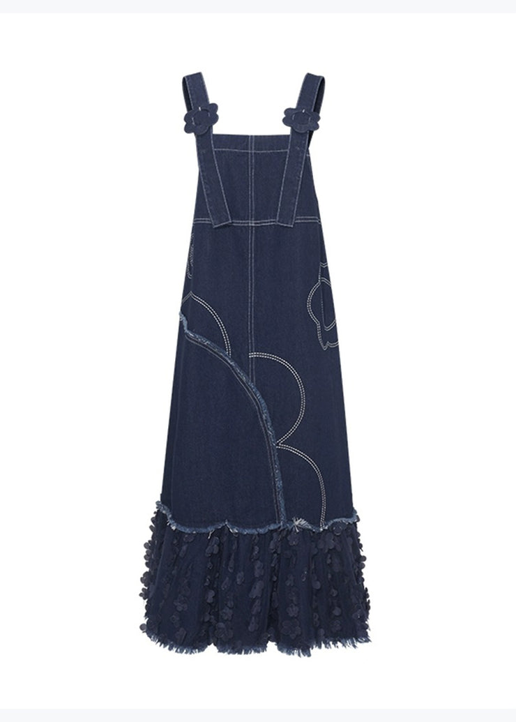 Original Design Blue Floral Patchwork Denim Strap Dress Spring